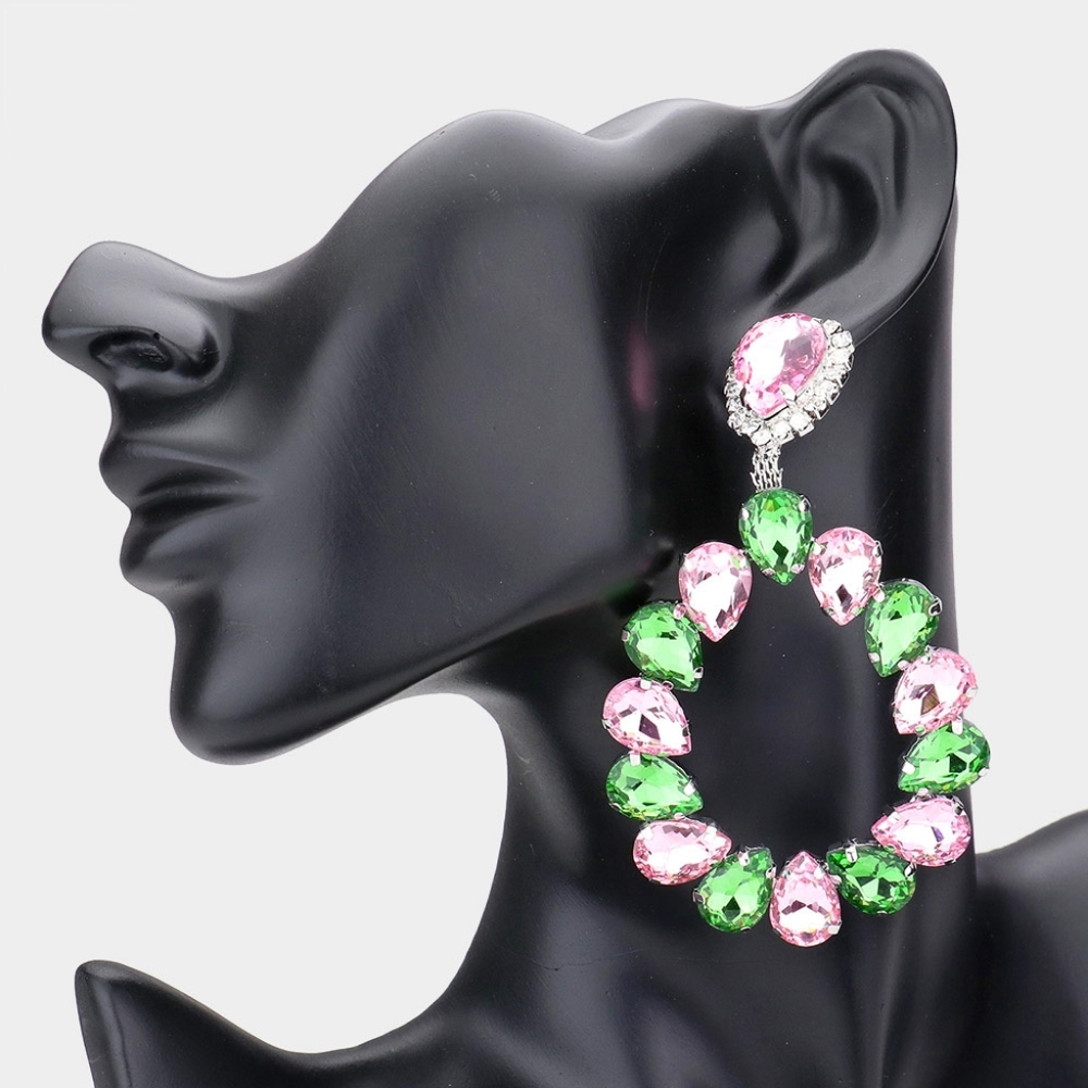 Big Pink and Green Teardrop Crystal Dangle Earrings Two Tone